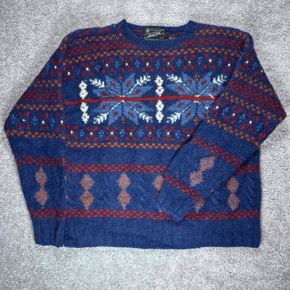 American Eagle Hand Knit 100% Shetland Wool Sweater Blue Fair Isle Snowflake L